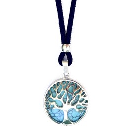 Baum des Lebens Anhänger Frau Mann Versilbert Zamak - Naturstein Halskette Farben Amulett Schutz - Ideal für Geschenkideen (Türkis)