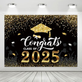 Congrats Class of 2025 Backdrop Black Gold Glitter Graduation Party Decorations Photography Background,Graduation Backdrop 2025, Graduation Celebration Prom Party Photoshoot Photobooth (7x5ft)