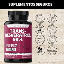 Trans-Resveratrol 99% | Alta Concentración de Resveratrol Blanco | Cápsulas Veganas | Calidad Premium | Beyond Vitamins | 2 meses - 60 Cápsulas