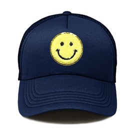 Funky Junque Kids Trucker Hat Adjustable Mesh Snapback Cap Toddler Boys Ages 2-10 - Smiley - Navy/Yellow