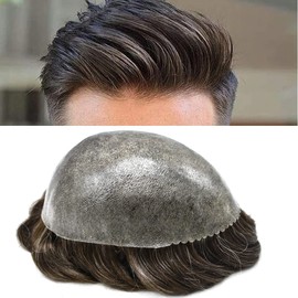 Hair System For Men Toupee Human Hair Replacement All Poly Mens Hair Piece 0.1mm Skin PU Hairpieces For Man Hair Unit Grey Brown Black Patch Wigs(8"X10", 320 3# DARK BROWN WITH 20% SYNTHETIC GREY)