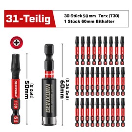 GEINXURN 30 Pieces T30 Impact-Resistant Screwdriver Bit Set 50 mm Length #30 Torx 1/4 Inch Hex Shank Drive Bits with 1 Piece 60 mm Magnetic Bit Holder, S2 Alloy Steel T30 Screwdriver Bits Set