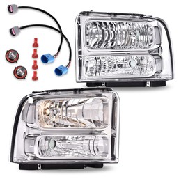 DOTCOM Headlights Assembly Compatible with 99-04 Ford F250 F350 F450 F550 Super Duty/00-04 Excursion Headlamp,Clear lens Chrome Housing Clear Reflector(Professional installation and drilling required)