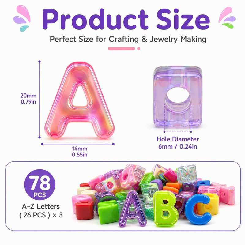 78 Pcs Colorful Chunky Letter Beads with 6mm Hole, Cute