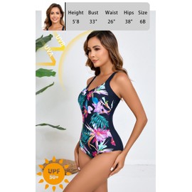 Itzel Women's V Neck One Piece Swimsuit Adjustable Straps Tummy Control Swimming Modest Bathing Suits Navy Pink Floral 16