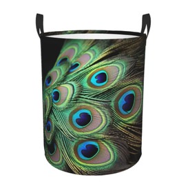 Laundry Basket Freestanding Green Peacock Feather Laundry Hamper Collapsible Tall Clothes Hamper with Handles Dirty Clothes Basket for Dorm Bathroom Bedroom Travel Camping