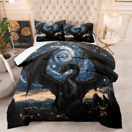 CCoutueChen Black Dragon Queen Comforter Set Galaxy Moon Bedding for Women Girls Cute Animal Decor Quilt Set - 3Pcs Soft Fluffy Microfiber with 2 Pillowcases(104 * 90)