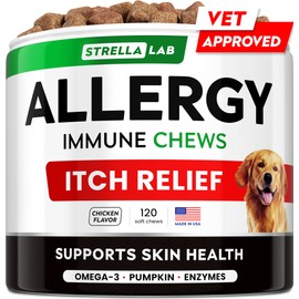 StrellaLab Dog Allergy Relief & Anti Itch Support Chews w/Omega 3: Real Ingredients, Real Taste! Skin & Coat Immune Supplement w/Fish Oil, Pumpkin & Enzymes — Developed by Experts - Made in USA -120Ct