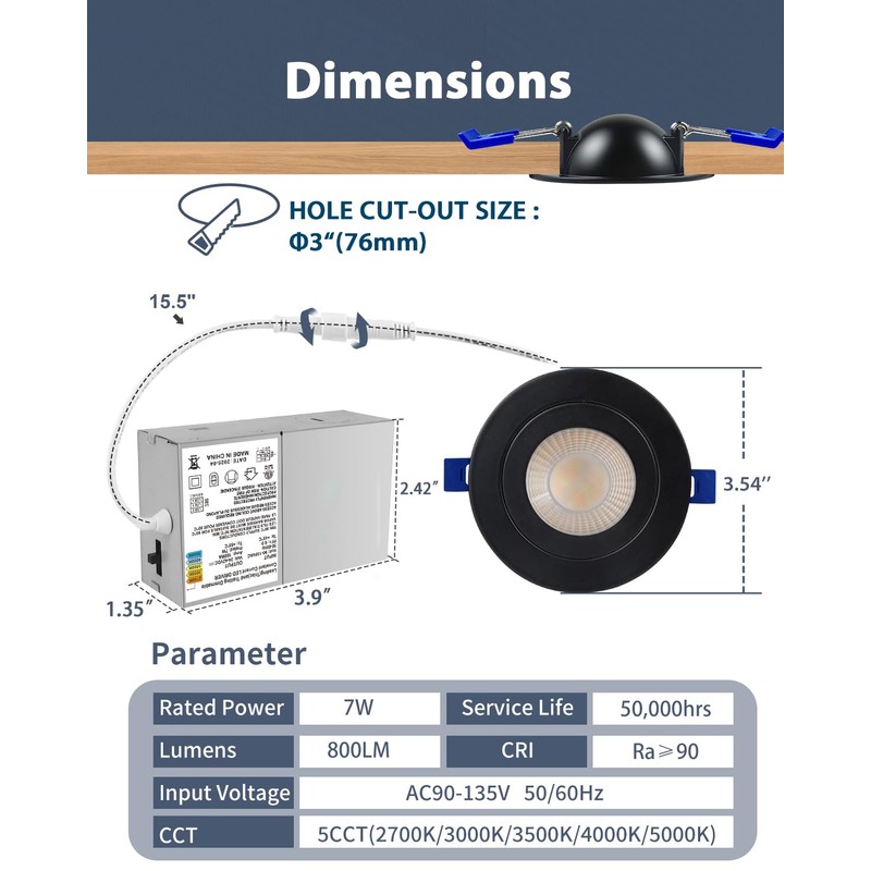 Aosclex 3 Inch 5CCT Gimbal LED Recessed Lighting with Jbox,