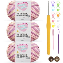 Crochet Yarn Chunky Yarn Thick Yarn for Crochet Chunky Wool for Crochet 3x50g Crochet Yarn for Beginners Amigurumi Yarn Cotton Yarn with 3.5mm Crochet Hook Crochet Starter Kit (3-mixpink)