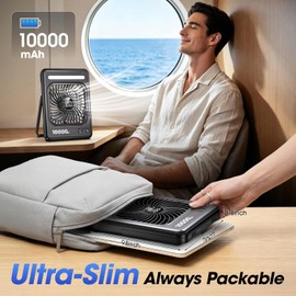 10000mAh Portable Travel Fan with LED Lantern, Rechargeable Quiet Desk Fan for Cruise Camping Office Bedroom, 5 Speeds and Timer