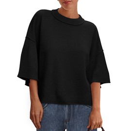 BTFBM Womens Short Sleeve Tops 2025 Summer Casual Crew Neck Oversized Sweater Color Ribbed Knit T Shirts(Black,Medium)