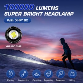 LED Rechargeable Headlamp,100000 Lumens Super Bright with XHP160,4 Modes USB Zoomable Head Lamp,Digital Power Display,IPX6 Waterproof Headlight with Warning Light for Camping,Running,Cycling,Fishing