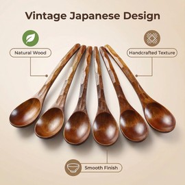 Diulazin Handmade Wooden Spoons for Eating, Japanese Ramen Spoon Set with Long Handle, Perfect for Rice, Desserts, and Cooking - Stylish Kitchen Utensils (6 PCS)