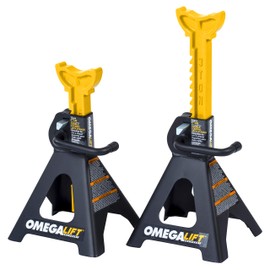 Omega Lift 32038 3 Ton Jack Stands Pair - Heavy Duty Double Locking Pins - Handle Lock and Mobility Pin for Auto Repair Shop, Black/Yellow