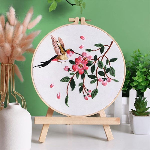 Meecaa Pink Hummingbird Pink Embroidery Kit Starter Set, Hand Embroidery