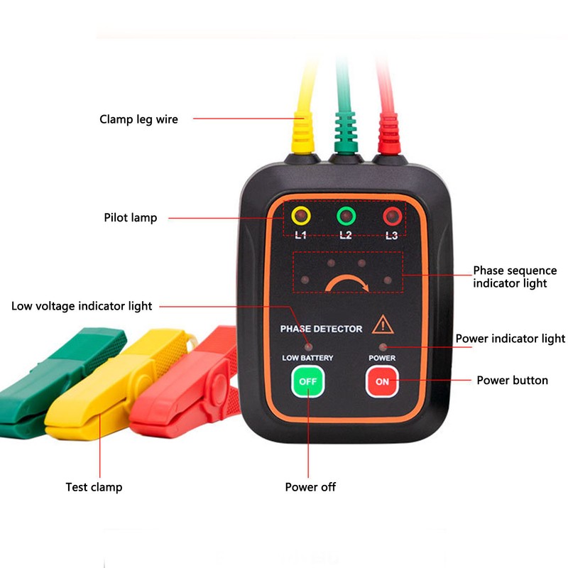 Phase Sequence Detector Non Contact Tester 3PH AC Meter Monitor