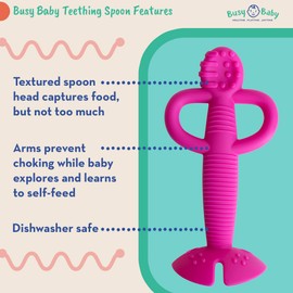 Busy Baby Teething Spoon - 2-in-1 Teether and Training Spoon for Teething Babies and Toddlers to Master Self Feeding - Dishwasher Safe - BPA Free - Made from Food Grade Silicone - Pink