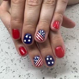Independence Day Press on Nails Short Square Fake Nails Red Blue Design National Flag Stick on Nails Glossy Shiny Glue on Nails Full Cover Acrylic False Nails Reusable Artificial Nails Kit for Women