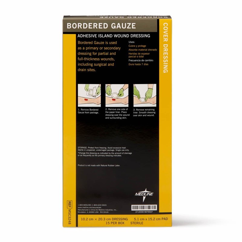 Medline Bordered Gauze, 4" x 8" Adhesive Island Wound Dressing,