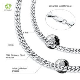 KRKC&CO 8mm Men Necklace, 6 Sides Diamond-Cut Miami Yellow Gold Cuban Link Chain（Sliver-20in)