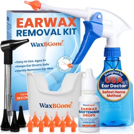WaxBGone® Ear Wax Removal Kit with Otoscope, Earwax Drops, SoftSpray® Irrigation Tips, 4X High Output Spray Bottle & Ear Wash Basin - Safe, Fast, Gentle Home Ear Cleaning System for Adults & Kids