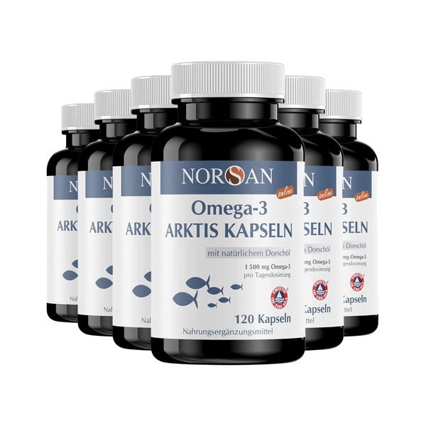 NORSAN Premium Omega 3 Arctic Cod Oil Capsules 6 x 120 Capsules / 1,500 mg Omega-3 per Serving/Omega 3 Capsules High Dose with 480 mg EPA & 720 mg DHA/Fish Oil Capsules from Sustainable Cultivation