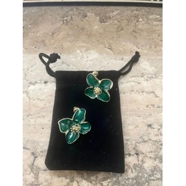 Green Enamel Flower Stud Earrings, Gold-Tone Centre