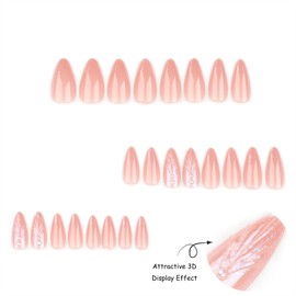 24pcs French Tip Press on Nails Medium Almond Fake Nails Acrylic False Nails Nude Stick on Nails with 3D Seashell Laser Wave Design Natural Glossy Full Cover Reusable Artificial Glue on Nails