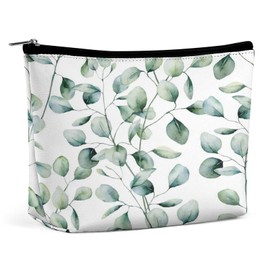 Women PU Leather Cosmetic Bag, Toiletry Storage 6.8x5.9x2.3 in Zipper Pouch Handbag Makeup Case Purse Holder Organizer Print Seamless Watercolor Green Eucalyptus Branches with Leaves on White