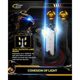 Cougar Motor H13 Bulbs, 9008 Fog Lights 18000LM 6500K White Non-Polarity H13 Fog Bulb or Off-Road Use Plug and Play - Pack of 2