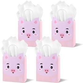 16 Pieces Pink Pig Goodie Bags with Tissue Paper Pink Pig Gift Snacks Treat Candy Party Favors Bags with Handles for Baby Shower, Farm Animal Themed Party, Business, Guest, Return Gifts, Welcome Gift