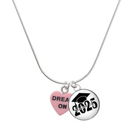 Delight Jewelry Acrylic Pink Dream On/Bite Me Heart Script Class of 2025 Dome Charm Necklace, 18"