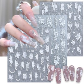 White Flower Nail Stickers Decals 5D Engraved Flower Exquisite Pattern Nail Art Supplies Self-Adhesive White Feather Lace Flower Butterfly Wedding Bride Nail Designs for Nails Women Nail Decoration