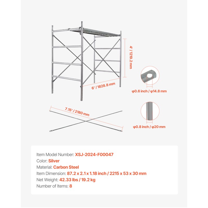 VEVOR Scaffolding Cross Brace 6x4 ft, 8-Pack Solid Carbon Steel