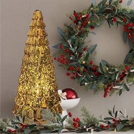SHMILMH Gold Mercury Glass Christmas Tree Set of 2, Tabletop Christmas Tree with Light, Battery Operated Small Xmas Tree for Fireplace Centerpiece Decorations 10"