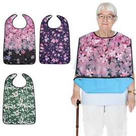 VEGCOO Adult Bibs for Elderly Women Men, Waterproof Dinning Bibs Reusable Adult Bib with Crumb Catcher, Washable Bib Mealtime Clothing Protectors for Elderly, Adult and Disabled(Peach Blossom Style)