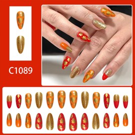 Fall Press on Nails Thanksgiving Medium Almond Fake Nails with Designs Maple Leaf Glitter Orange Glue on Nails 24 Pcs Reusable Acrylic Nail for Women WYFHDT