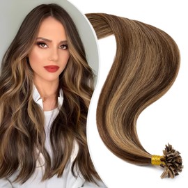 Elailite U-Tip Real Hair Bonding Extensions, Keratin Hair Extensions, Straight, 35 cm, #4P27 Medium Brown/Honey Blonde, 50 Strands, 50 g