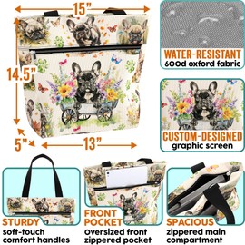 84hoods 15 inch Large Tote Bag for Work for Women. Shoulder Bag Gift for French Bulldog Lover Frenchie Owner. Waterproof Aesthetic Bag with Pockets and Zipper. Flower Garden.