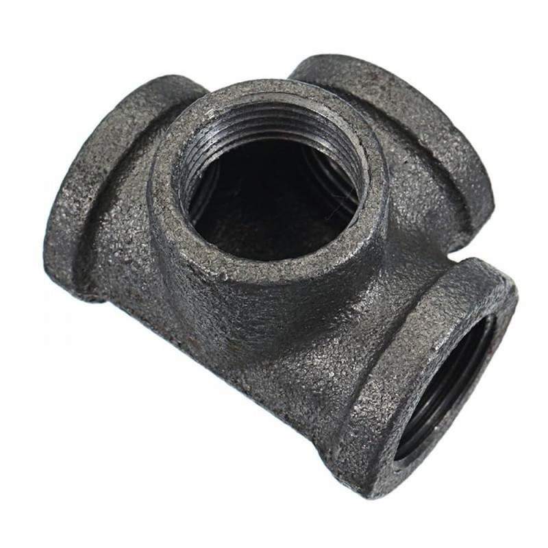 4 Way Pipe Fitting Malleable Iron Black Side Outlet Tee