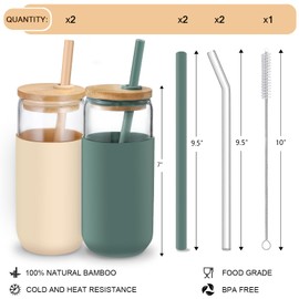 20 OZ Glass Cups with Bamboo Lids and Straws - Beer Can Drinking Glasses with Silicone Protective Sleeve Set, Iced Coffee Glasses, Cute Tumbler Cup for Water, Tea, Gift - Cambridge Blue, Amber