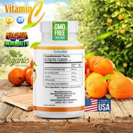 ANUMED - Vitamin C 2000mg + Zinc 500mg + L-Lysine 500mg + Bioflavonoids 300mg. High Antioxidants, Essential Nutrients. Non GMO, Gluten-Free, 100% Vegan (180 Capsules)