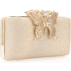 Dexmay Glitter Clutch Bag with Rhinestone Butterfly Clasp Women Evening Handbag Formal Party Purse Gold