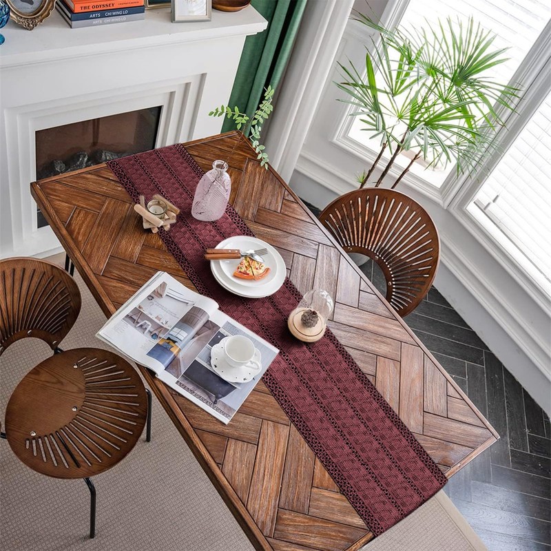 Weldomcor Macrame Table Runner Burgundy Boho Table Runner with Tassels