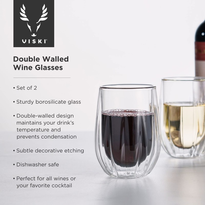 Viski Insulated Double Walled Wine Set with Cut Crystal Design-Dishwasher
