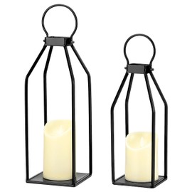PERFNIQUE Perfnique Modern Farmhouse Christmas Lantern Decor, 15'' 13'' Set of 2 Black Metal Lanterns, 2 LED 6hr Timer Flickering Flameless Candles, Lanterns Decorative for Outdoor Decor, Home, Indoor, Patio