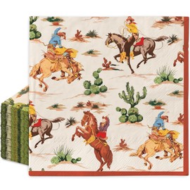 FYSUIMU 50Pcs Western Cowboy Paper Napkins Desert Cactus Horse Disposable Luncheon Napkins Dessert Dinner Hand Napkin for Birthday Baby Shower Theme Party