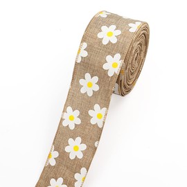 Flowers Fabric Ribbons 10 Yards, Brown Daisy Flower Decor Ribbons Burlap Edge Wrapped Ribbon for Easter Gift Wrapping Home Party Decoration Tree Crafts Supplies - 2.5 Inch x 10 Yards x 1 Roll