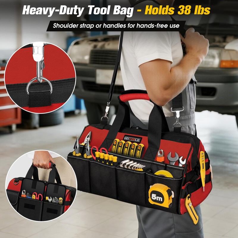 16-Inch Heavy Duty Tool Bag, 19-Pockets Tool Box Organizer, Portable